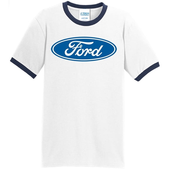 Mens Ford Oval Logo Emblem 100% Cotton Ringer Tee Shirt, Small White/Navy