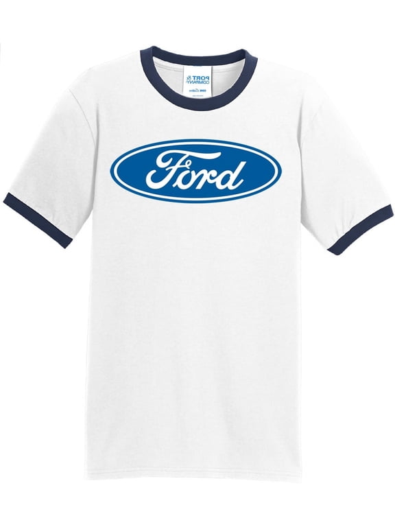 Mens Ford Oval Logo Emblem 100% Cotton Ringer Tee Shirt, Small White/Navy