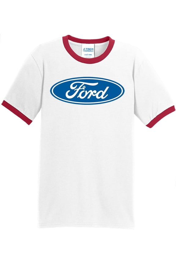 Mens Ford Oval Logo Emblem 100% Cotton Ringer Tee Shirt, Small White/Red