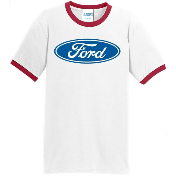 Mens Ford Oval Logo Emblem 100% Cotton Ringer Tee Shirt, XL White/Red