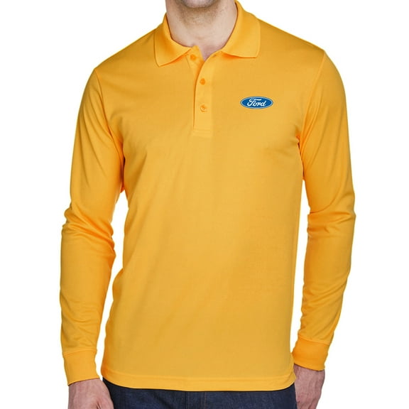 Mens Ford Oval Logo Long Sleeve Polo Shirt - Gold, XL