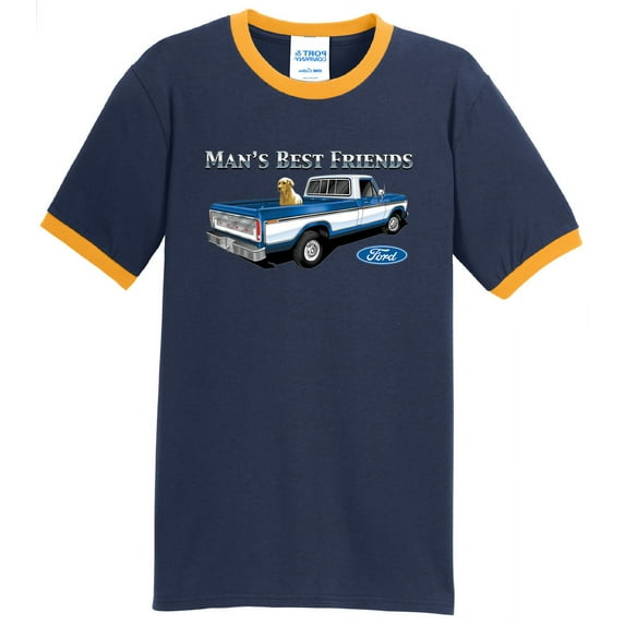 Mens Ford Truck and Dog Man's Best Friends 100% Cotton Ringer Tee Shirt, 4XL Navy/Gold