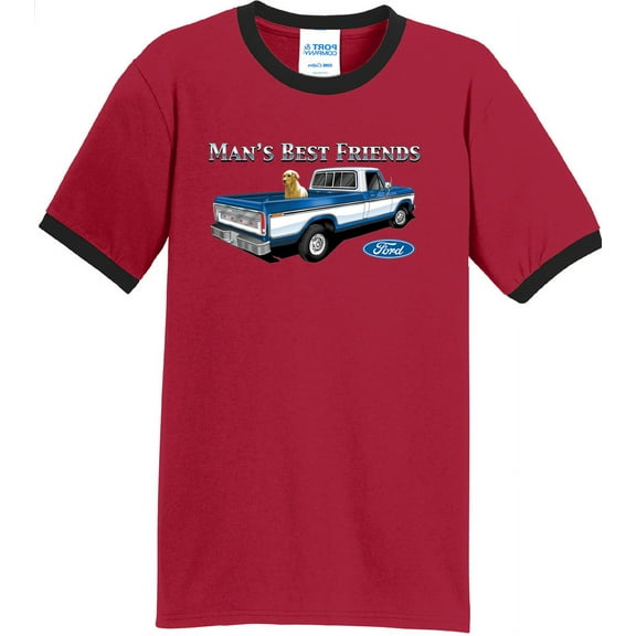 Mens Ford Truck and Dog Man's Best Friends 100% Cotton Ringer Tee Shirt, Large Red/Black