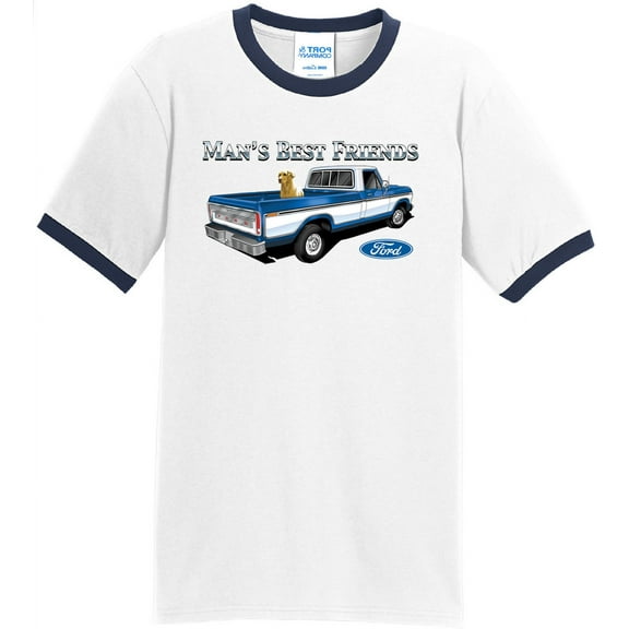 Mens Ford Truck and Dog Man's Best Friends 100% Cotton Ringer Tee Shirt, Small White/Navy