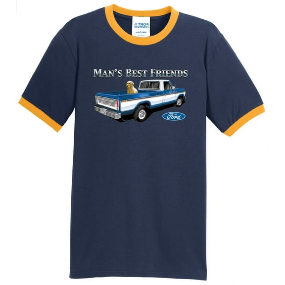Mens Ford Truck and Dog Man's Best Friends 100% Cotton Ringer Tee Shirt, XL Navy/Gold