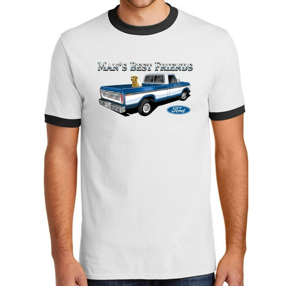 Mens Ford Truck and Dog Man's Best Friends 100% Cotton Ringer Tee Shirt, XL White/Black