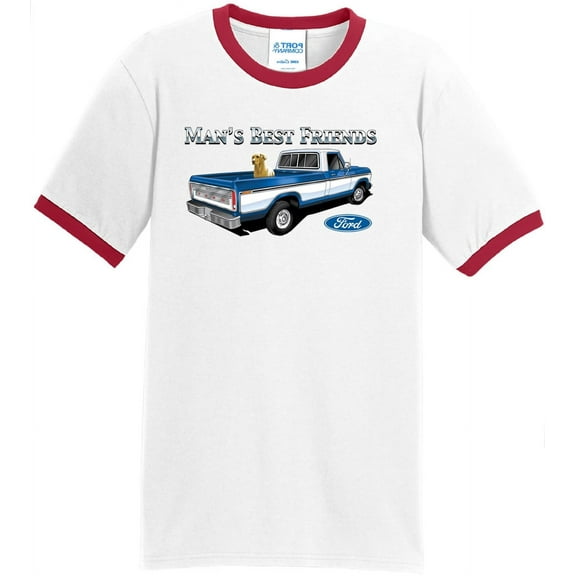 Mens Ford Truck and Dog Man's Best Friends 100% Cotton Ringer Tee Shirt, XL White/Red