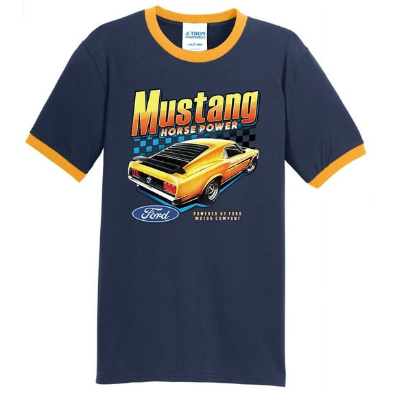 Mens Ford Yellow Mustang Horsepower 100% Cotton Ringer Tee Shirt, Large Navy/Gold