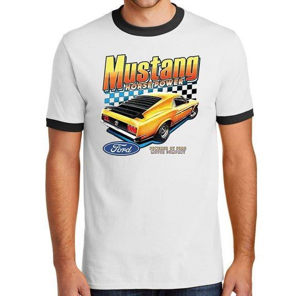 Mens Ford Yellow Mustang Horsepower 100% Cotton Ringer Tee Shirt, Large White/Black
