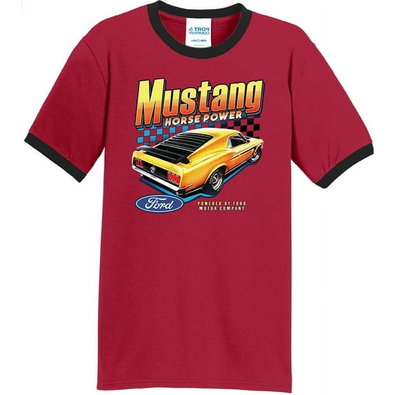 Mens Ford Yellow Mustang Horsepower 100% Cotton Ringer Tee Shirt, XL Red/Black