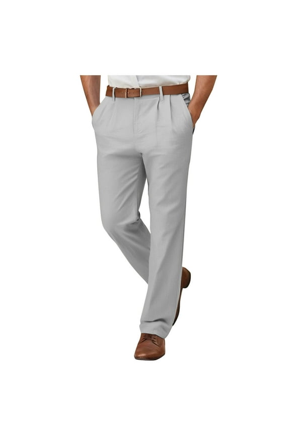 Mens Formal Pants Cotton Linen Casual Business Office Smart Dress Pant Lightweight Comfortable Casual Chinos Trousers Solid Color Straight Leg Full Length Bottoms with Pockets