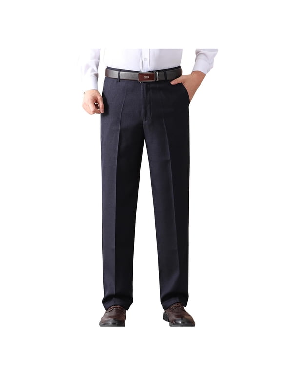 Mens Formal Pants Fleece Lined Golf Trousers for Men Casual Business Office Smart Dress Pants Comfortable Winter Chinos Trousers Solid Color Straight Leg Full Length Bottoms with Pockets