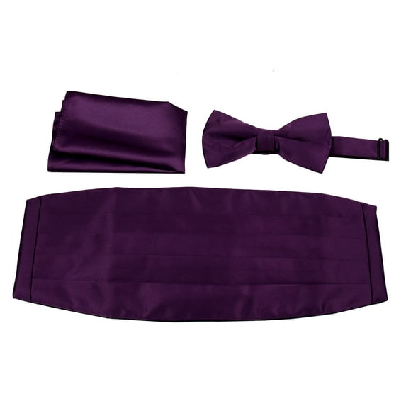 Mens Formal Woven Satin Cummerbund Pre-Tied Bowtie Hanky set - Many Solid Colors Available
