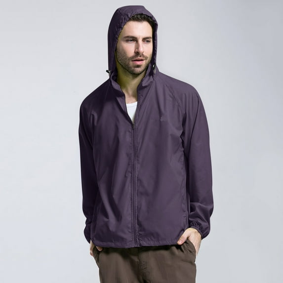 Mens Four Seasons Solid Color Packable Rain Jacket Lightweight Windproof Raincoat With Hood Outdoor Rain Gear Travel Hiking Cycling(Purple S)