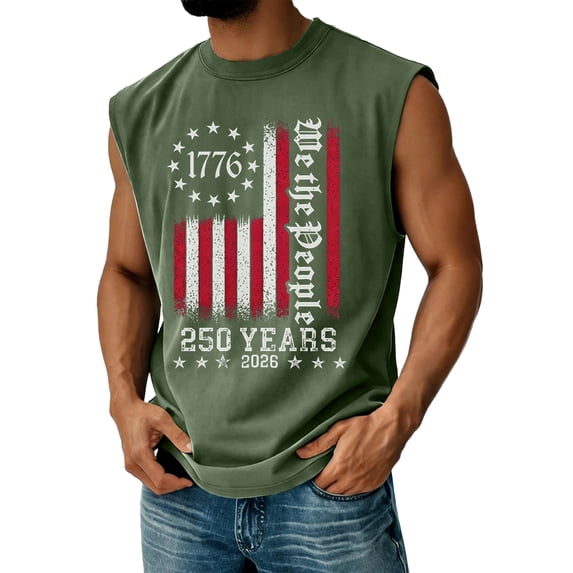 Mens Fourth Of July Shirts Retro American Flag Graphic Sleeveless Shirt 250th Anniversary We the People Patriotic Tank USA Independence Day Round Neck Tops,Green 3XL