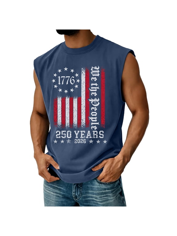 Mens Fourth Of July Shirts Retro American Flag Graphic Sleeveless Shirts 250 Anniversary We the People Patriotic T Shirts Independence Day Crewneck Outfits,Blue XL