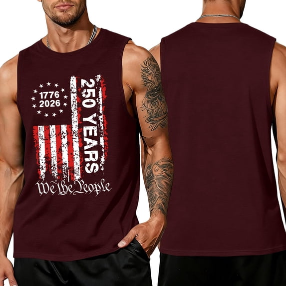 Mens Fourth Of July Shirts Retro American Flag Graphic Sleeveless Tank Tops 1776-2026 250th Anniversary We the People Patriotic Tank Usa Independence Day Crew-Neck Cut Off Shirts,Red L