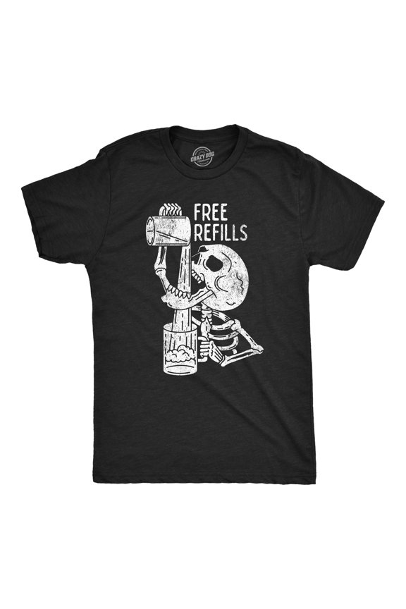 Mens Free Refills T Shirt Funny Halloween Drinking Skeleton Joke Tee for Guys Graphic Tees