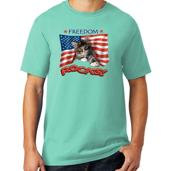 Mens Freedom Rocks Patriotic Kitten Cotton Tee Shirt, 2XL Mint Green