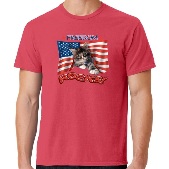 Mens Freedom Rocks Patriotic Kitten Cotton Tee Shirt, 2XL Poppy Red
