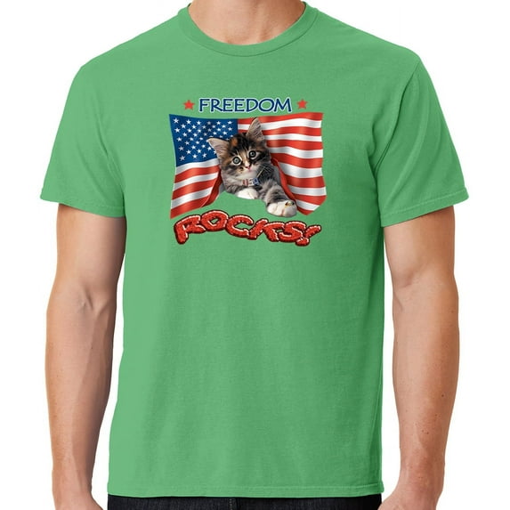 Mens Freedom Rocks Patriotic Kitten Cotton Tee Shirt, 3XL Guacamole Green