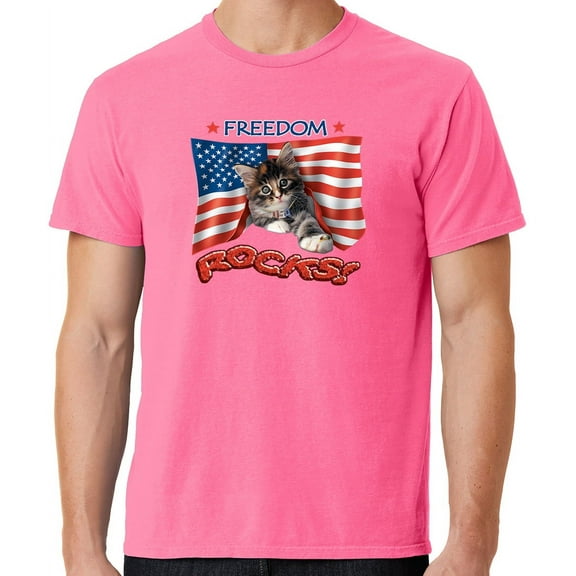 Mens Freedom Rocks Patriotic Kitten Cotton Tee Shirt, Large Neon Pink