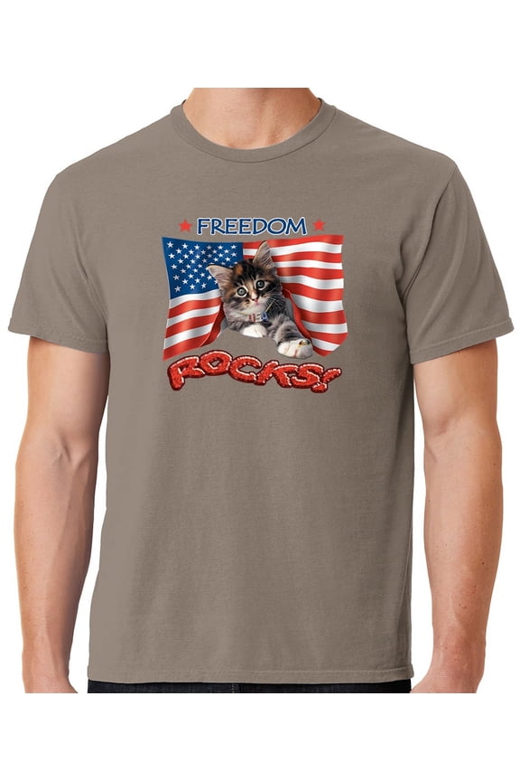 Mens Freedom Rocks Patriotic Kitten Cotton Tee Shirt, Large Taupe Brown