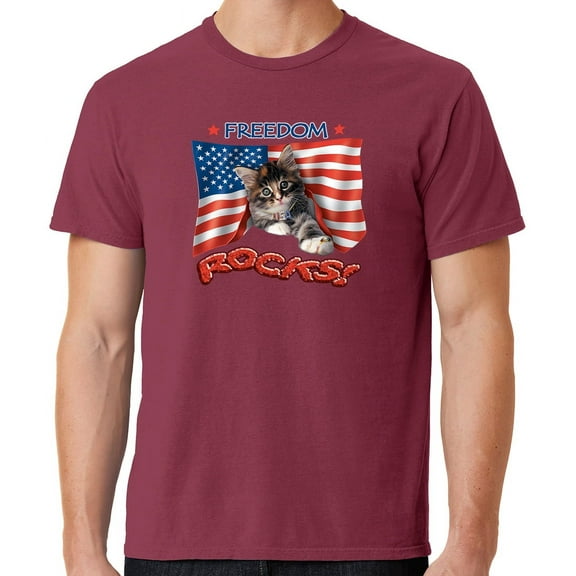 Mens Freedom Rocks Patriotic Kitten Cotton Tee Shirt, Medium Merlot