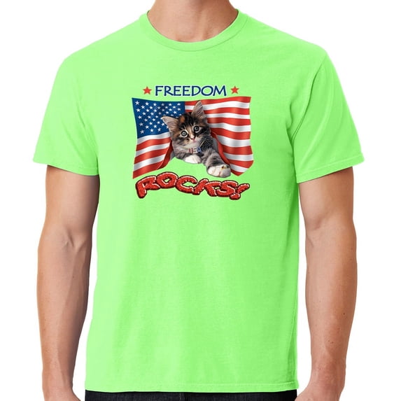 Mens Freedom Rocks Patriotic Kitten Cotton Tee Shirt, Medium Neon Green