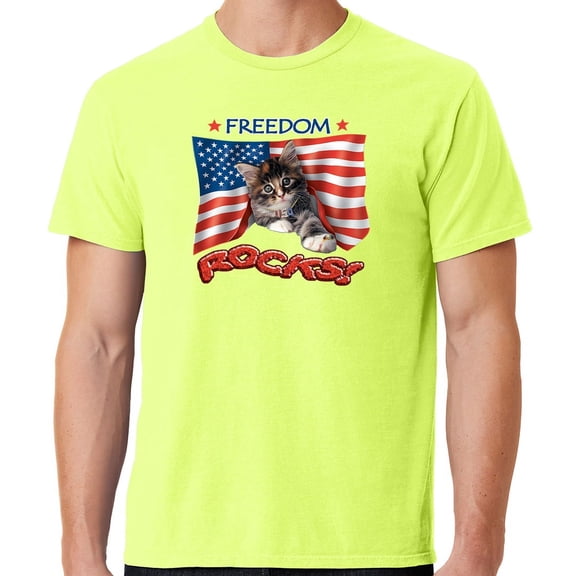 Mens Freedom Rocks Patriotic Kitten Cotton Tee Shirt, Small Neon Yellow