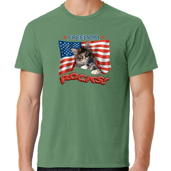 Mens Freedom Rocks Patriotic Kitten Cotton Tee Shirt, Small Safari Green