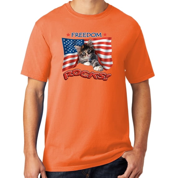 Mens Freedom Rocks Patriotic Kitten Cotton Tee Shirt, XL Cantaloupe Orange