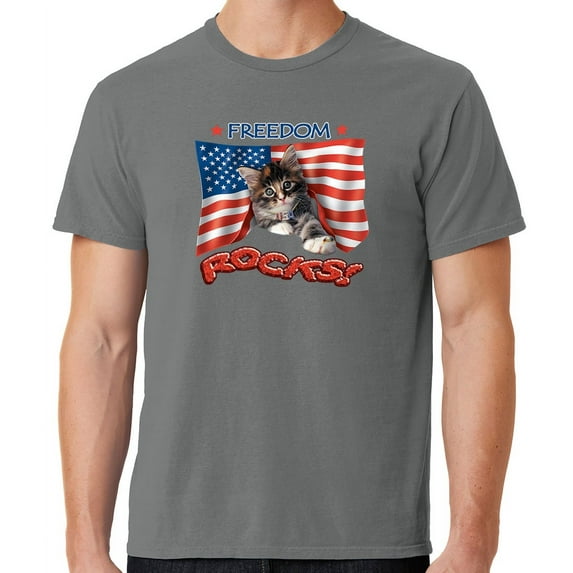 Mens Freedom Rocks Patriotic Kitten Cotton Tee Shirt, XL Pewter Grey
