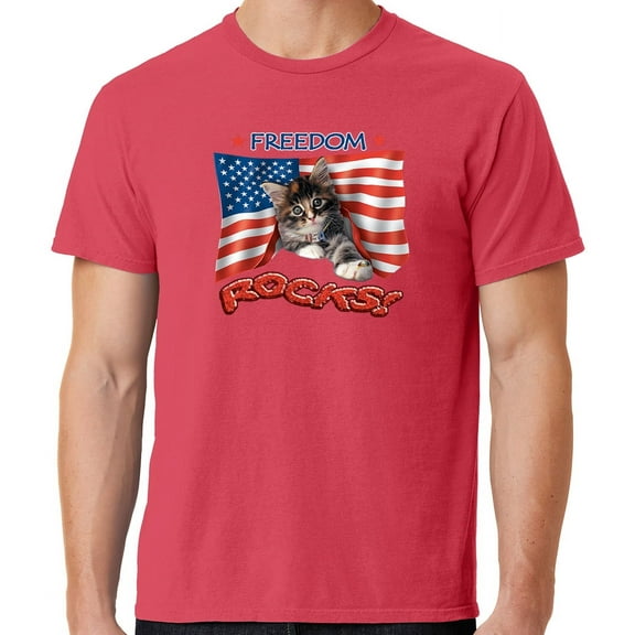 Mens Freedom Rocks Patriotic Kitten Cotton Tee Shirt, XL Poppy Red