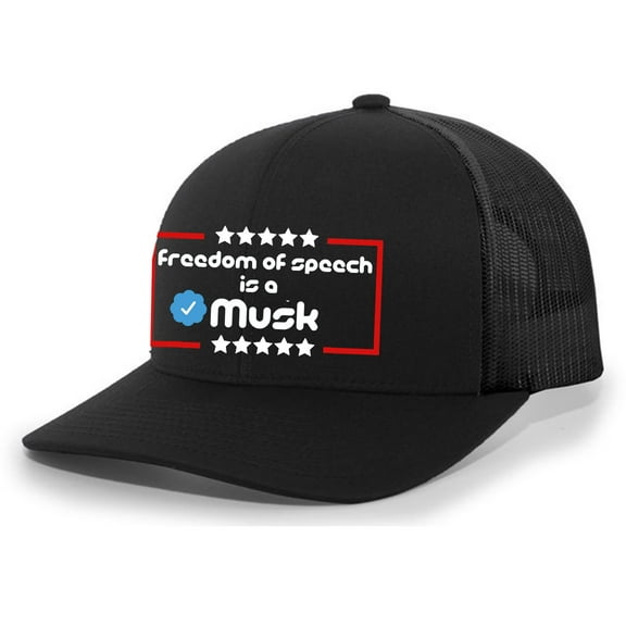Mens Freedom of Speech Is A Musk Patriotic American Flag Mesh Back Embroidered Trucker Hat , Black/Black