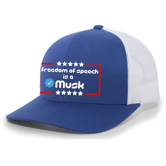 Mens Freedom of Speech Is A Musk Patriotic American Flag Mesh Back Embroidered Trucker Hat , Royal/White