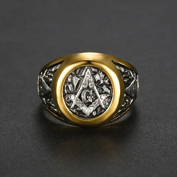 Mens Freemason Masonic White AG CZ Ring for Men Golden Color 14K Yellow Gold Size 7-15