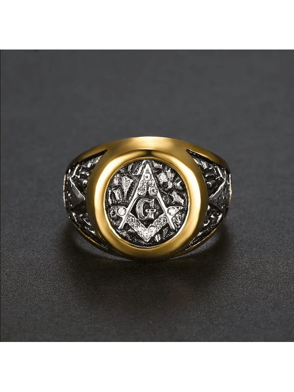 Mens Freemason Masonic White AG Ring, 14K Gold Filled Vintage Statement Party Daily Wear Men Jewelry