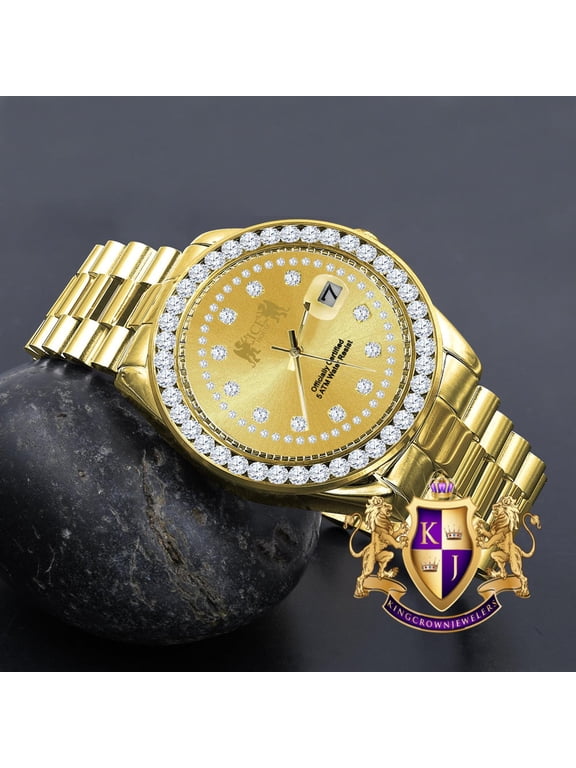Mens Full Solid stainless Steel Solitaire 18K Yellow Gold Finish Simulated Diamond 41mm Watch