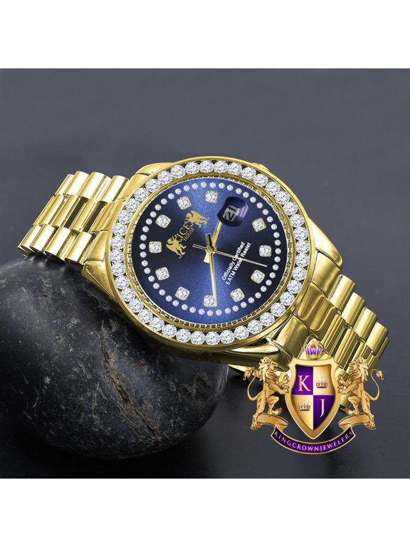 Mens Full Solid stainless Steel Solitaire Blue Face 18K Yellow Gold Finish Simulated Diamond 41mm Watch