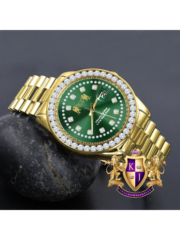Mens Full Solid stainless Steel Solitaire Green Face 18K Yellow Gold Finish Simulated Diamond 41mm Watch