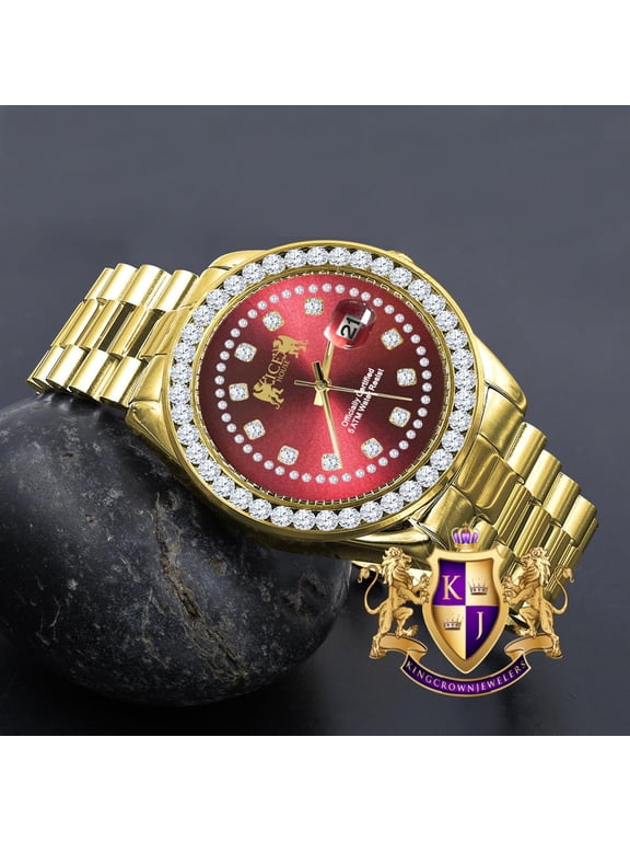Mens Full Solid stainless Steel Solitaire Red Face 18K Yellow Gold Finish Simulated Diamond 41mm Watch