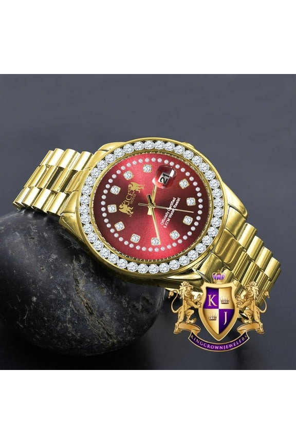 Mens Full Solid stainless Steel Solitaire Red Face 18K Yellow Gold Finish Simulated Diamond 41mm Watch
