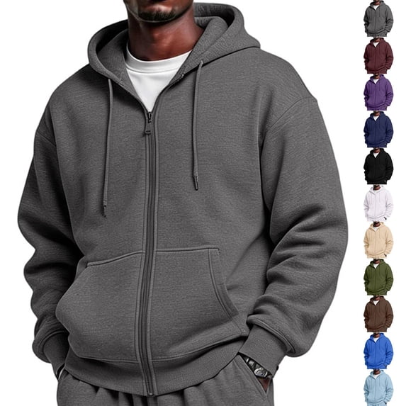 Mens Full Zip Casual Cotton Hooded Fleece Drawstring Hoodies Pullover Sweatshirts Casual Long Sleeve Shirts Gray 2XL
