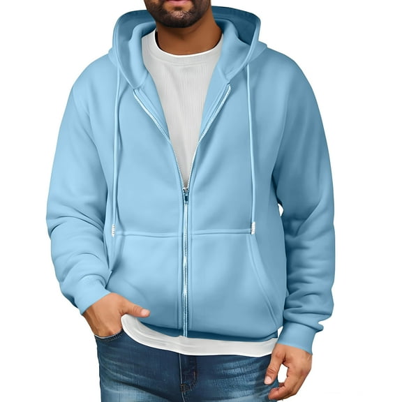 Mens Full Zip Casual Cotton Hooded Fleece Drawstring Hoodies Pullover Sweatshirts Casual Long Sleeve Shirts,Sky Blue XL