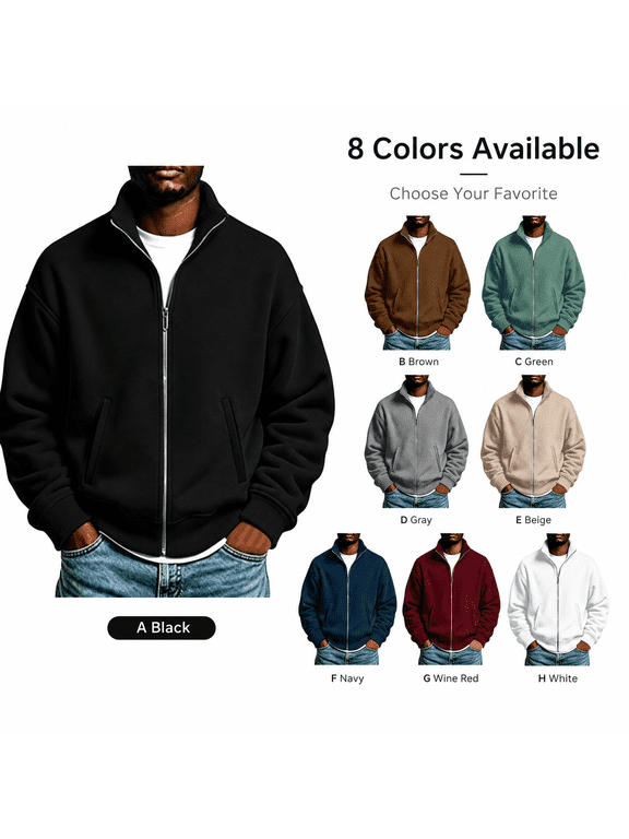 Mens Full Zip Fleece Jacket No Hood - Lightweight Fall Solid Color Stand Collar Long Sleeve Casual Sweatshirt for Everyday Fall Winter Layering, Black, XL