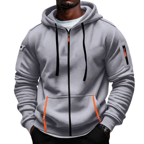 Mens Full Zip Hoodie Fleece Sweatshirt Contrast Zipper Pockets Casual Hooded Jacket