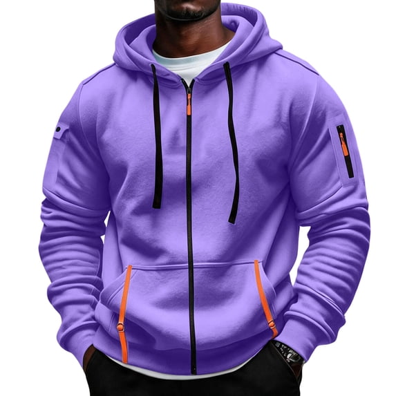 Mens Full Zip Hoodie Fleece Sweatshirt Contrast Zipper Pockets Casual Hooded Jacket