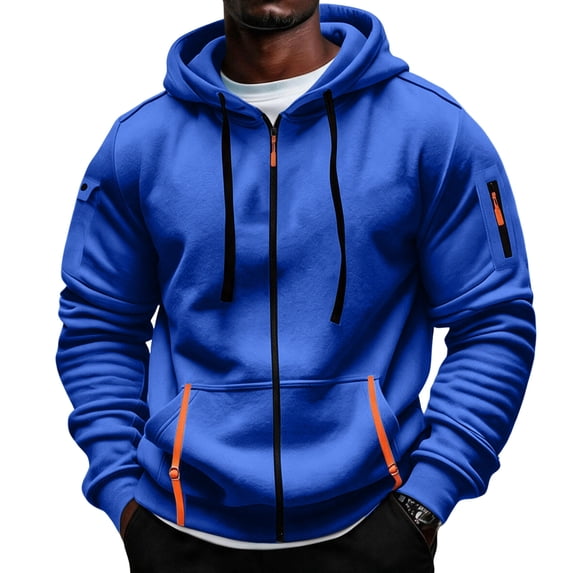 Mens Full Zip Hoodie Fleece Sweatshirt Contrast Zipper Pockets Casual Hooded Jacket