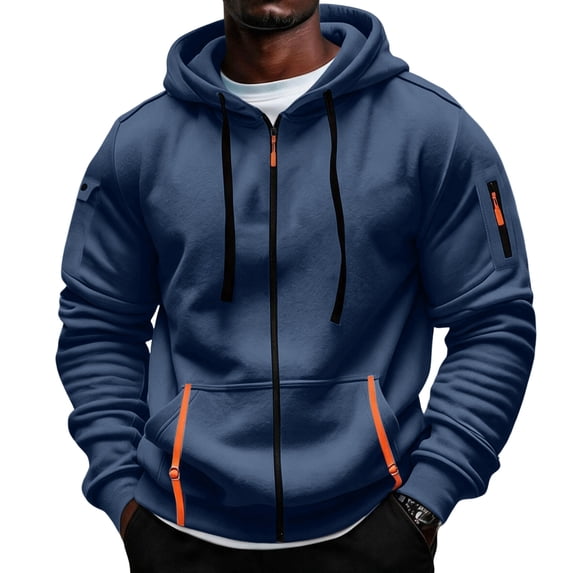 Mens Full Zip Hoodie Fleece Sweatshirt Contrast Zipper Pockets Casual Hooded Jacket